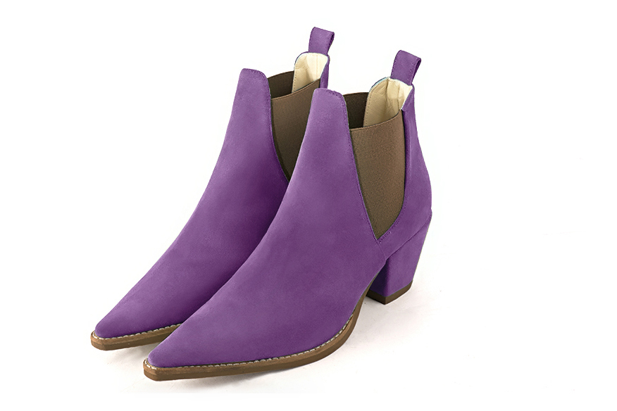 Amethyst purple and taupe brown women's ankle boots, with elastics. Pointed toe. Medium cone heels. Front view - Florence KOOIJMAN